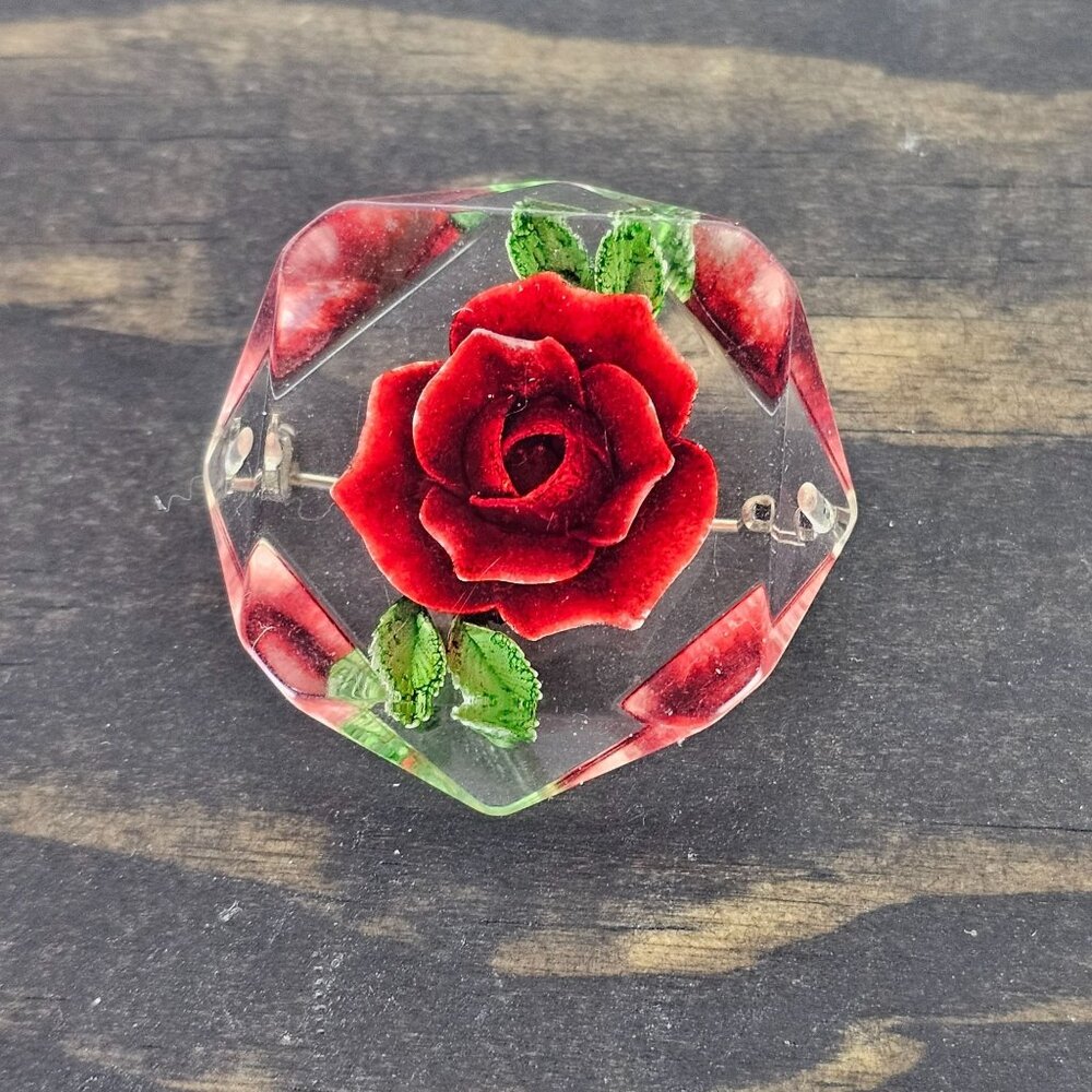 Vintage 1970's Rose Embedded Lucite Geometric Brooch